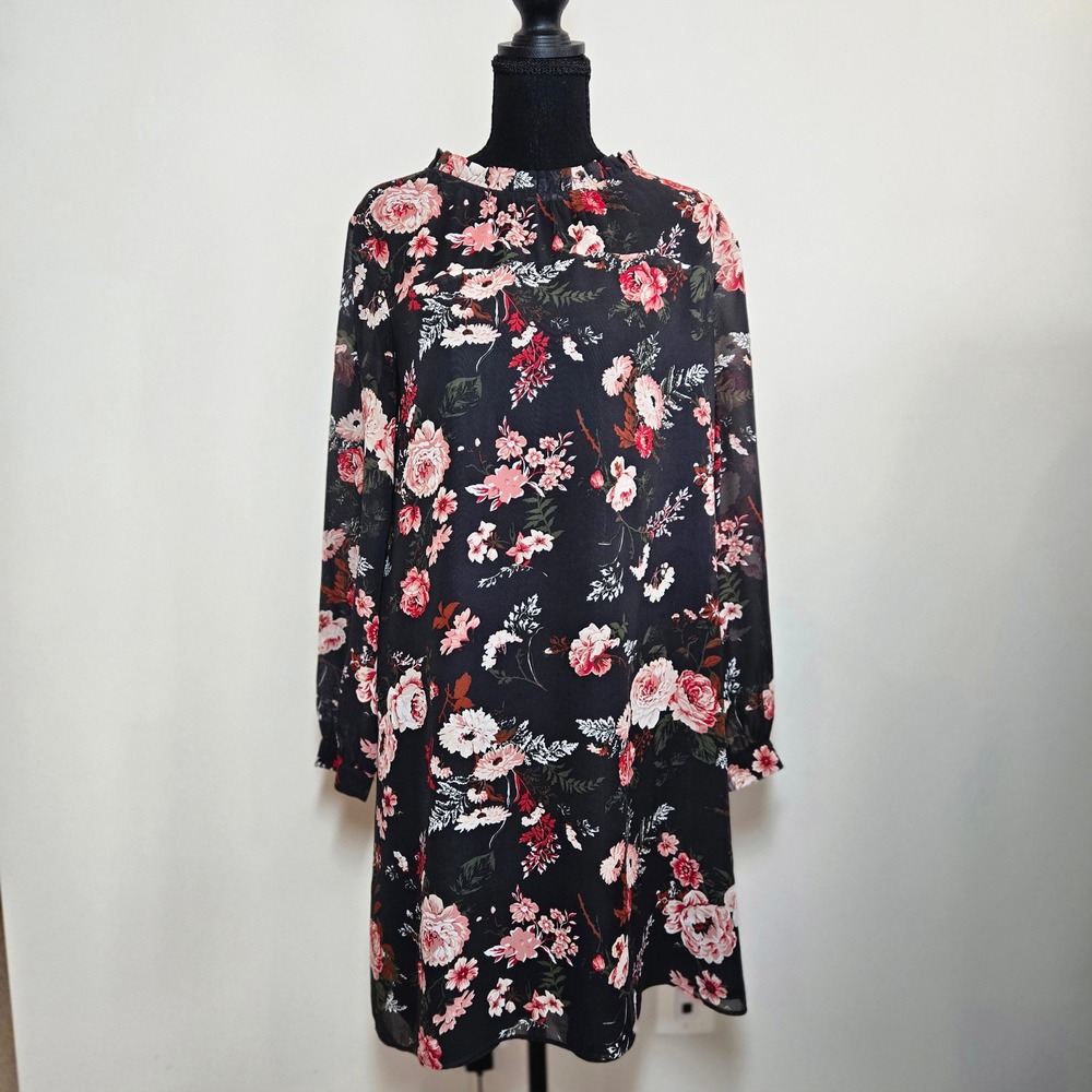 Loft Outlet Floral Shift Dress Womens 6 Black Ruffle Neck Long Sleeve (D10) - Picture 7 of 11